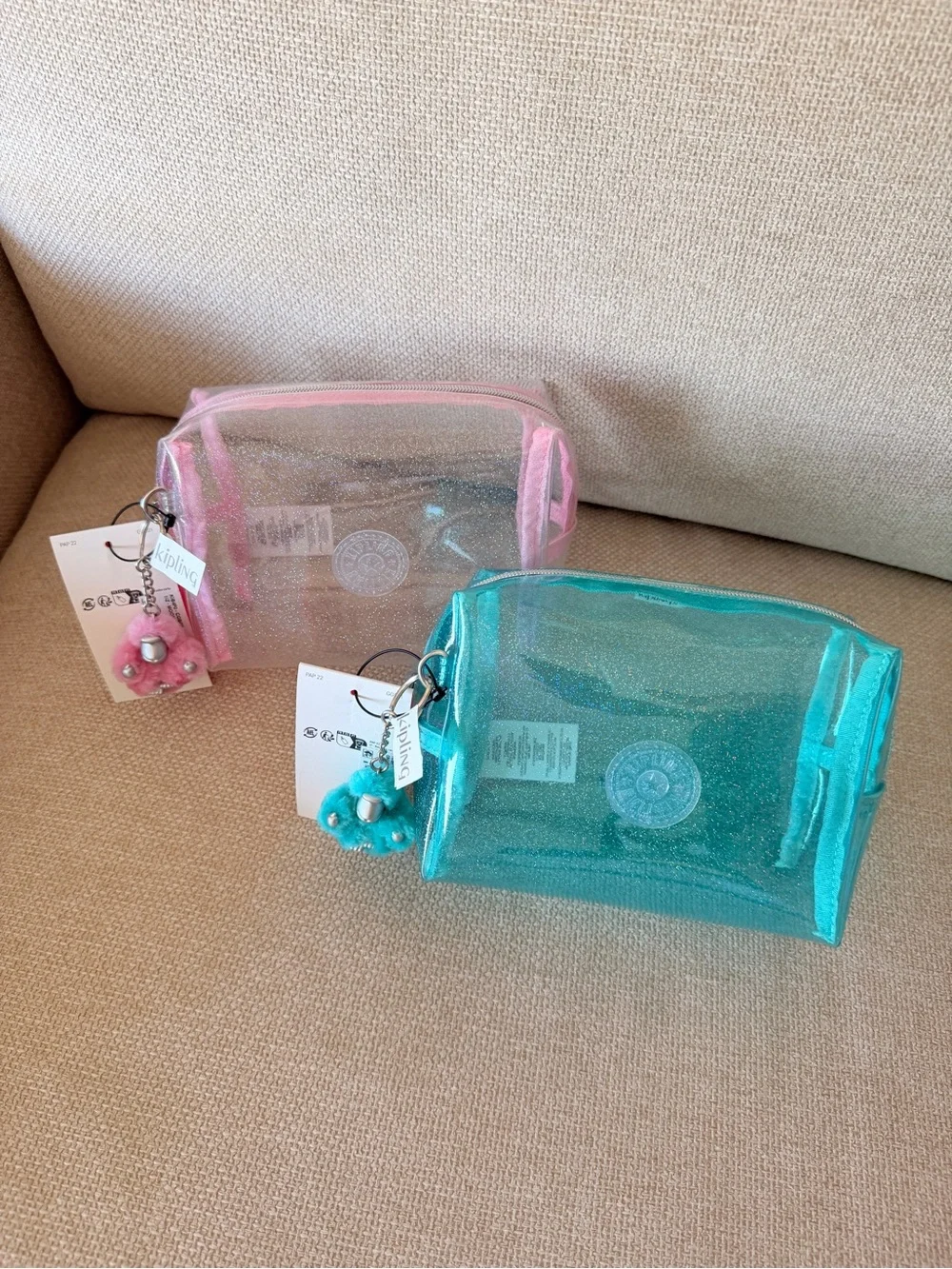 Kipling Teal Glitter Clear Cosmetic Pouch with Monkey Charm